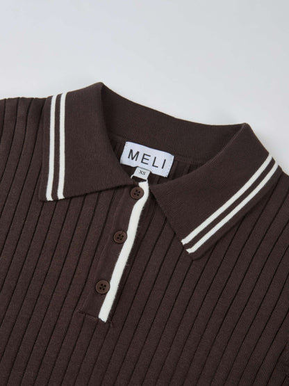 Ribbed Polo Sweater - Brown/Cream Stripe