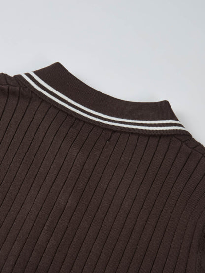 Ribbed Polo Sweater - Brown/Cream Stripe