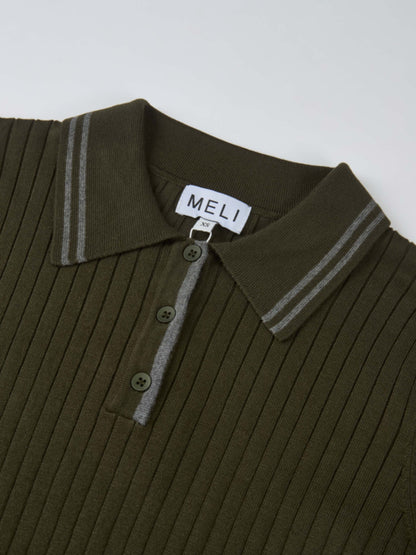 Ribbed Polo Sweater - Green/Grey Stripe