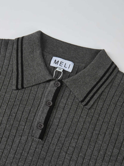 Ribbed Polo Sweater - Grey/Black Stripe