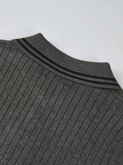 Ribbed Polo Sweater - Grey/Black Stripe