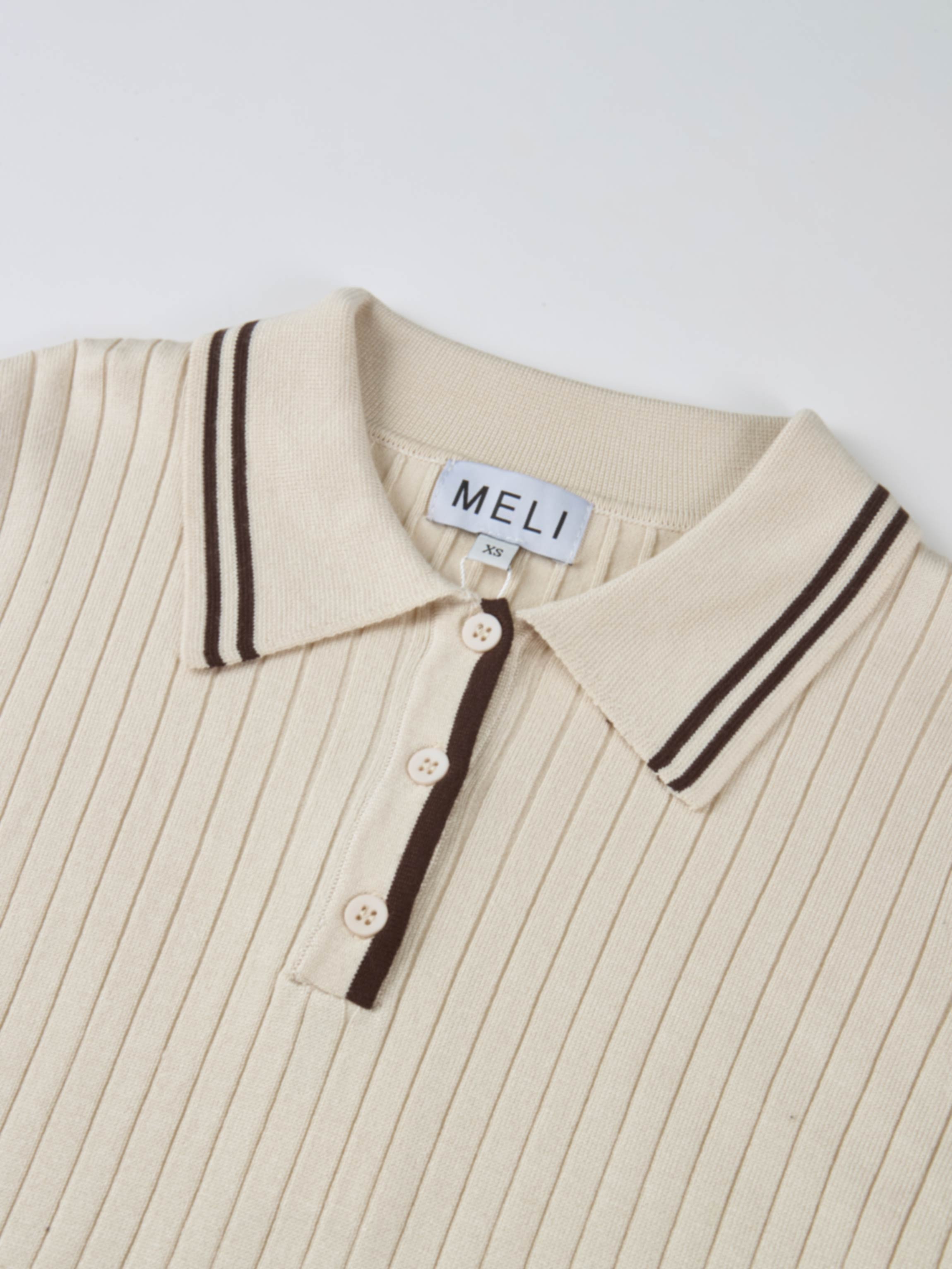 Ribbed Polo Sweater - Cream/Brown Stripe