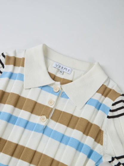 Mixed Stripe Ribbed Polo - Tan/Light Blue
