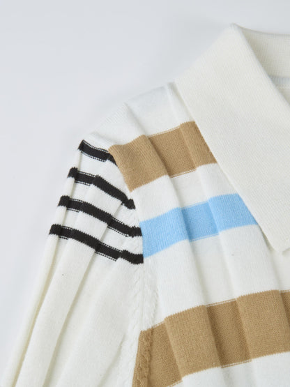 Mixed Stripe Ribbed Polo - Tan/Light Blue