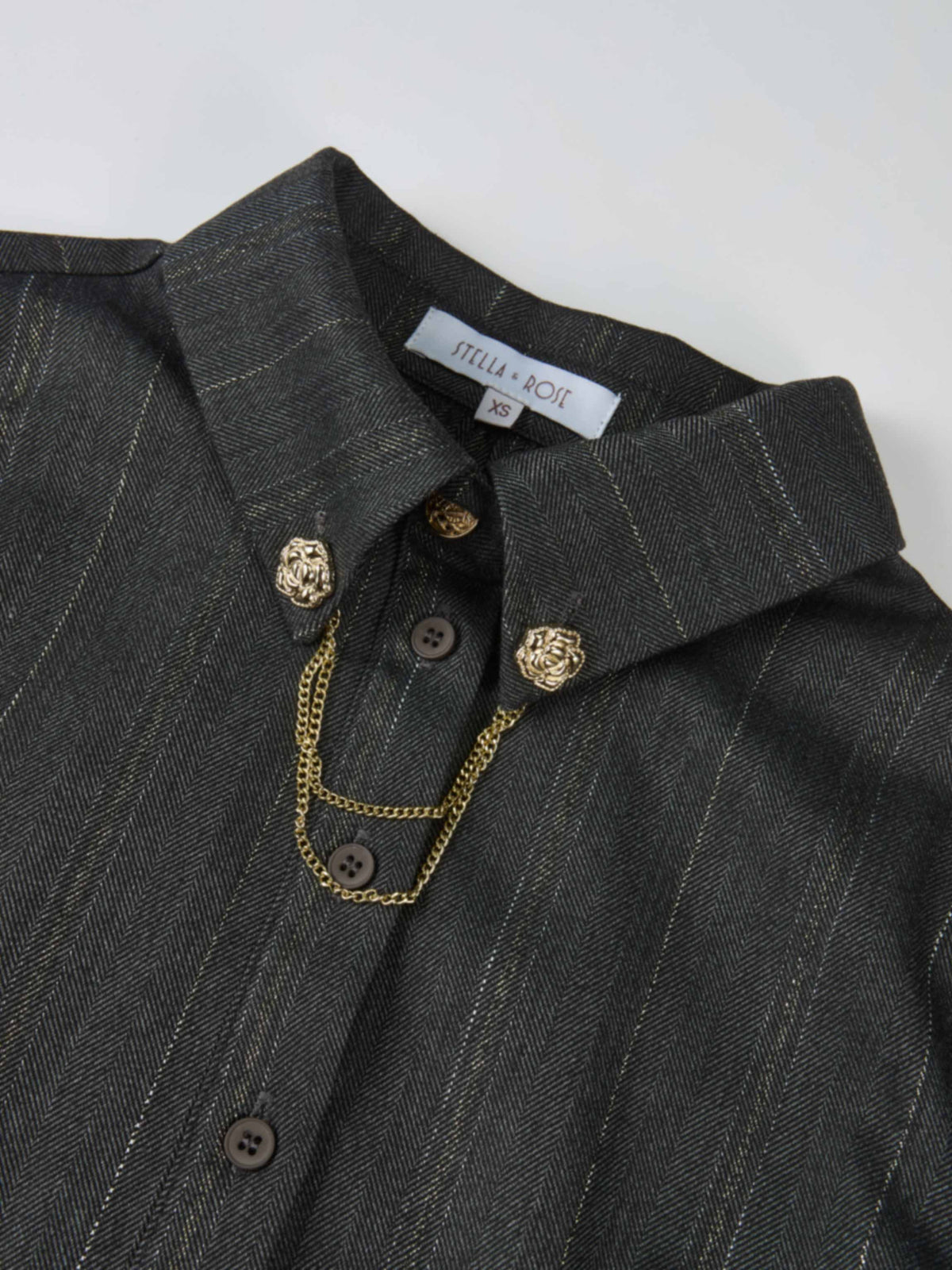 Chain Collar Blouse - Grey Pinstripe