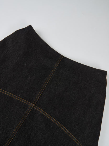 Curved Yoke Aline Denim Skirt - Black