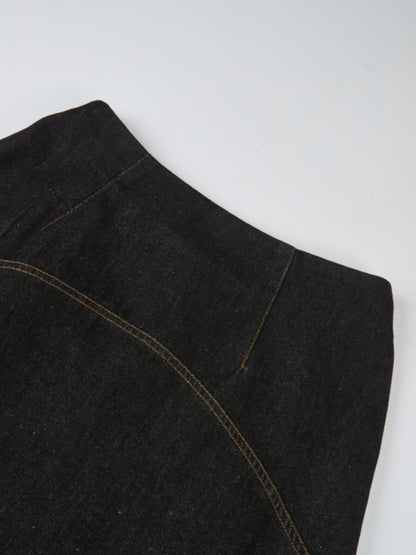 Curved Yoke Aline Denim Skirt - Black