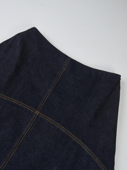 Curved Yoke Aline Denim Skirt - Blue