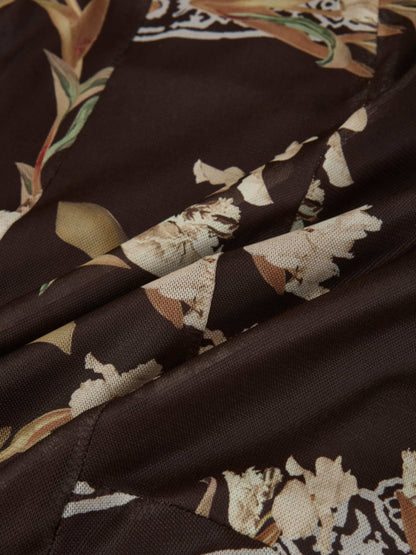 Mesh Trumpet Skirt - Brown Floral