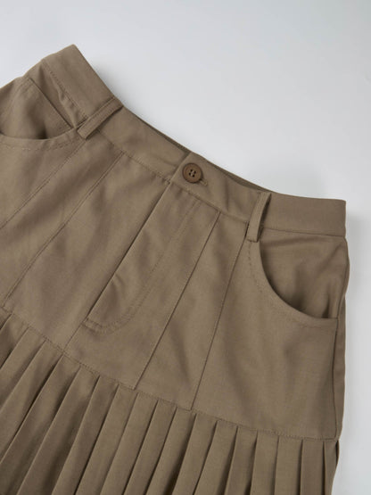 Stitched Pocket Yoke Pleat Skirt - Light Mocha