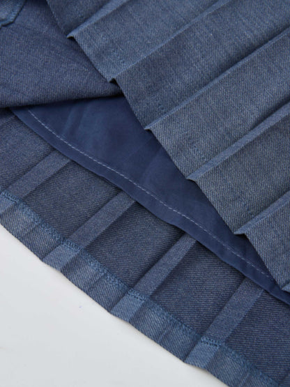 Stitched Pocket Yoke Pleat Skirt - Denim