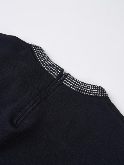 Rhinestone Neck Sweater - Navy