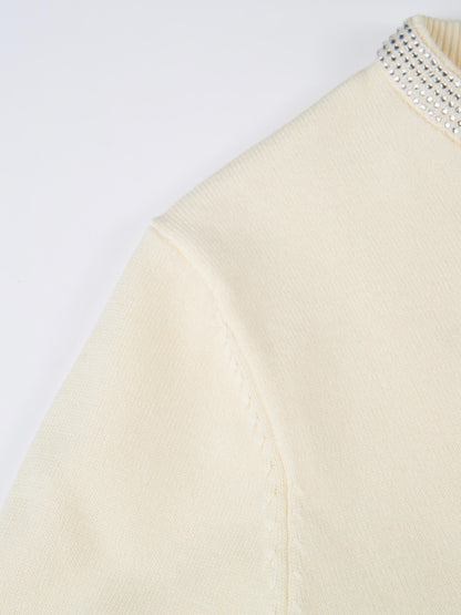 Rhinestone Neck Sweater - Cream