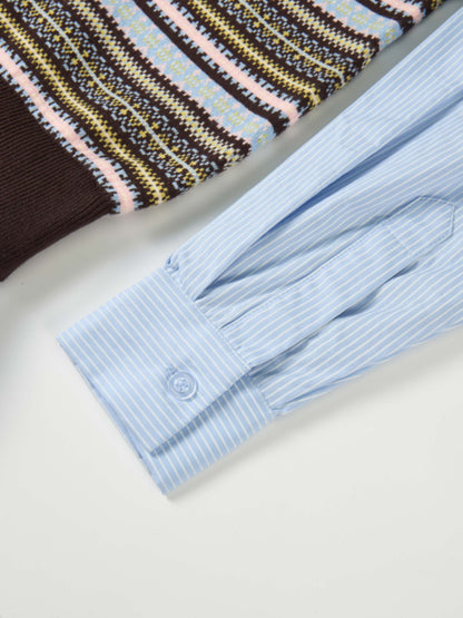 Striped Shirt Sleeve Sweater - Brown Stripe