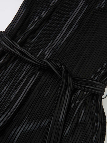 Accordian Pleat Maxi Shift Dress - Black