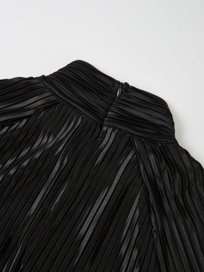 Accordian Pleat Maxi Shift Dress - Black