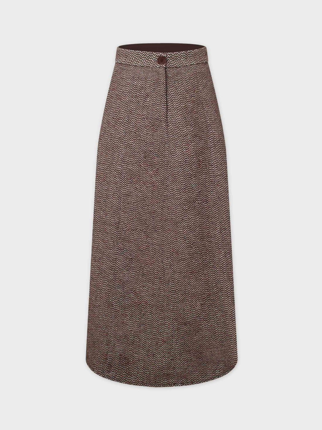 Button Front A-Line Skirt-Brown Herringbone