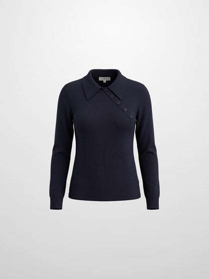 Asymmetrical Button Collar Sweater - Navy
