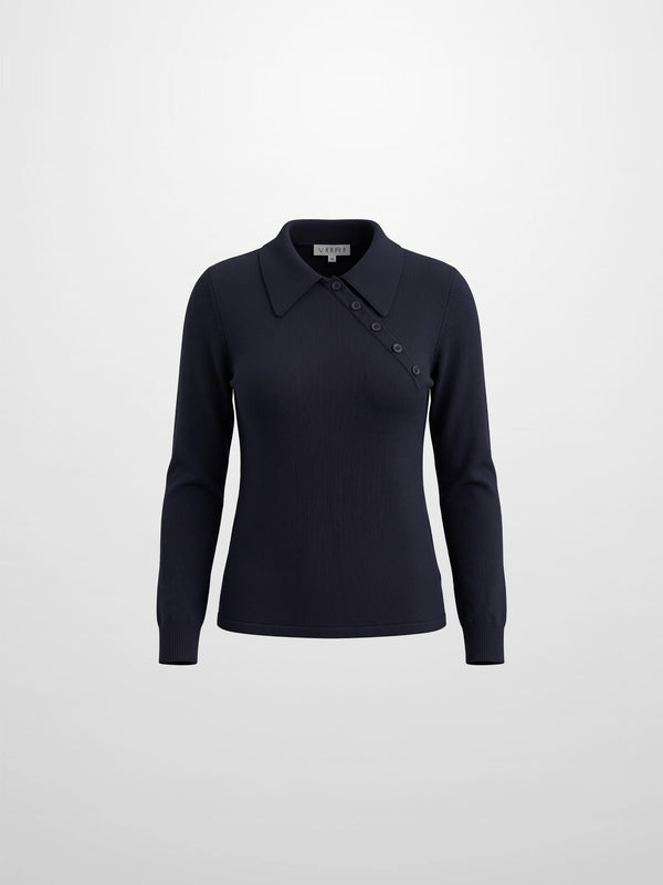 Asymmetrical Button Collar Sweater - Navy