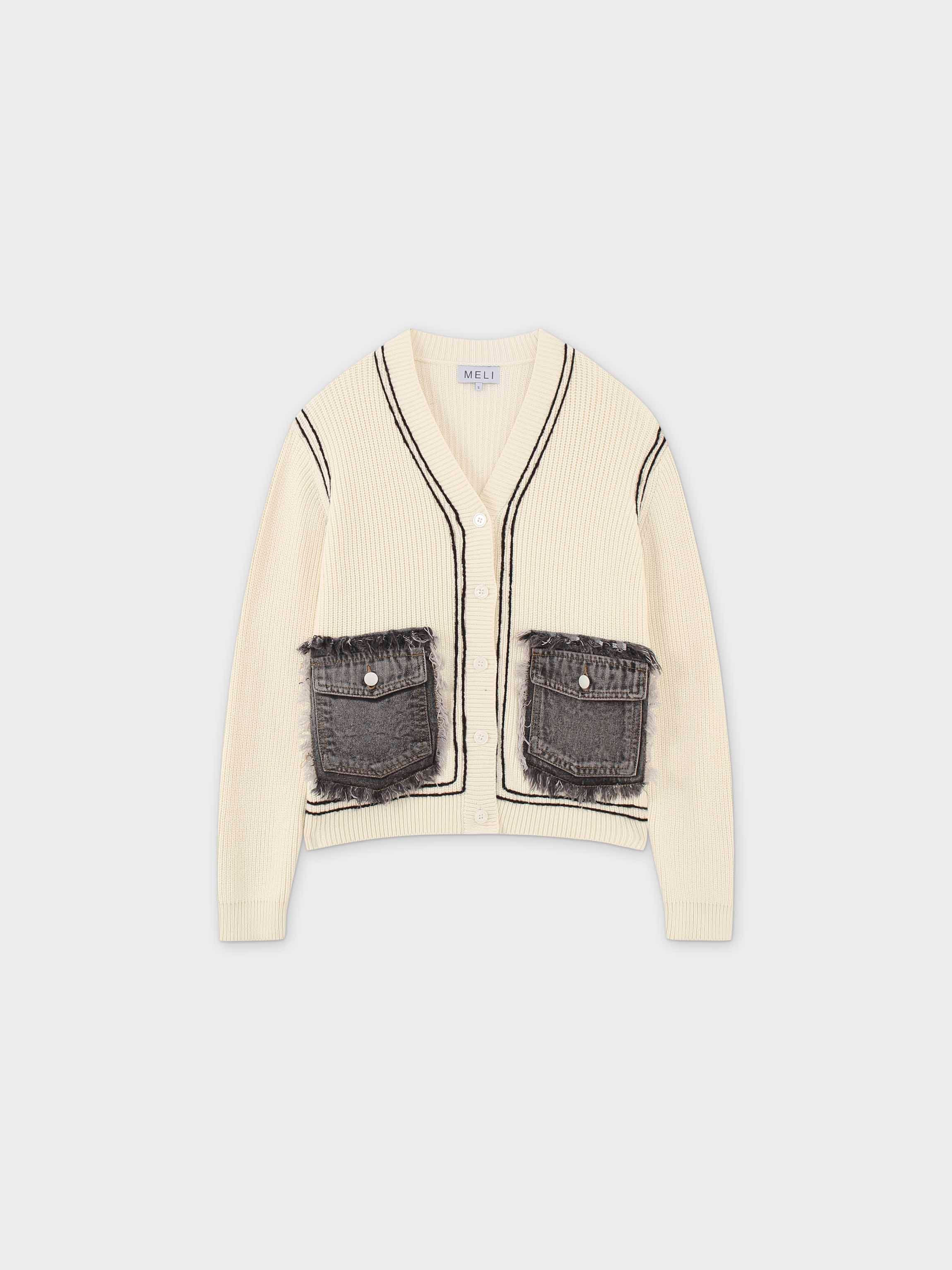 Denim Pocket Cardigan-Cream