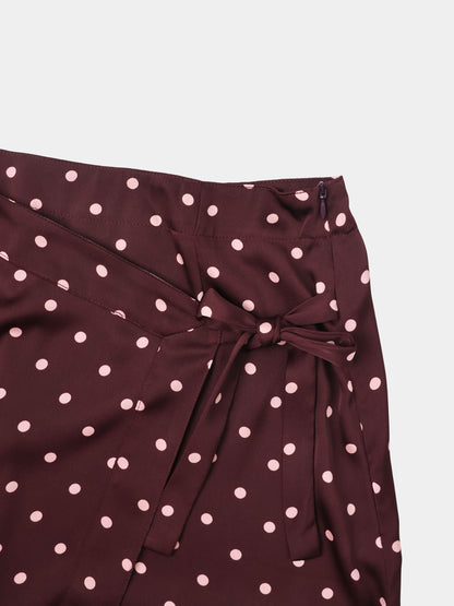 Faux Wrap Polka Dot Skirt - Burgundy/Pink