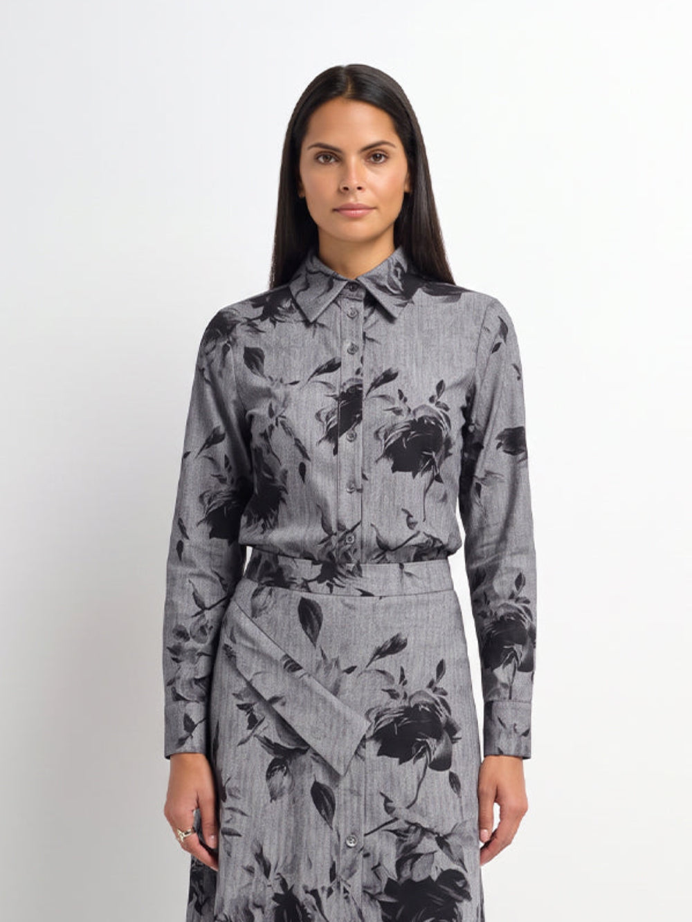 Printed Button Blouse - Grey/Black Floral