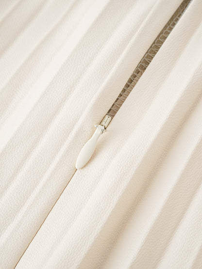 Accordion Pleated Faux Leather Skirt-Ivory