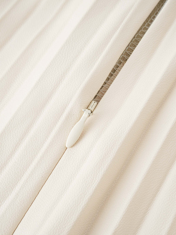 Accordion Pleated Faux Leather Skirt-Ivory