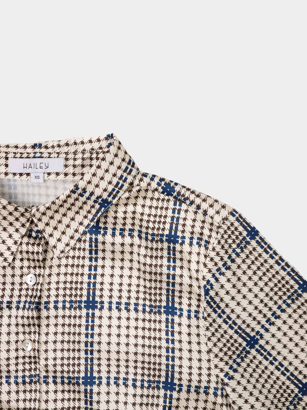 Button Down Faux Satin Blouse-Brown Houndstooth