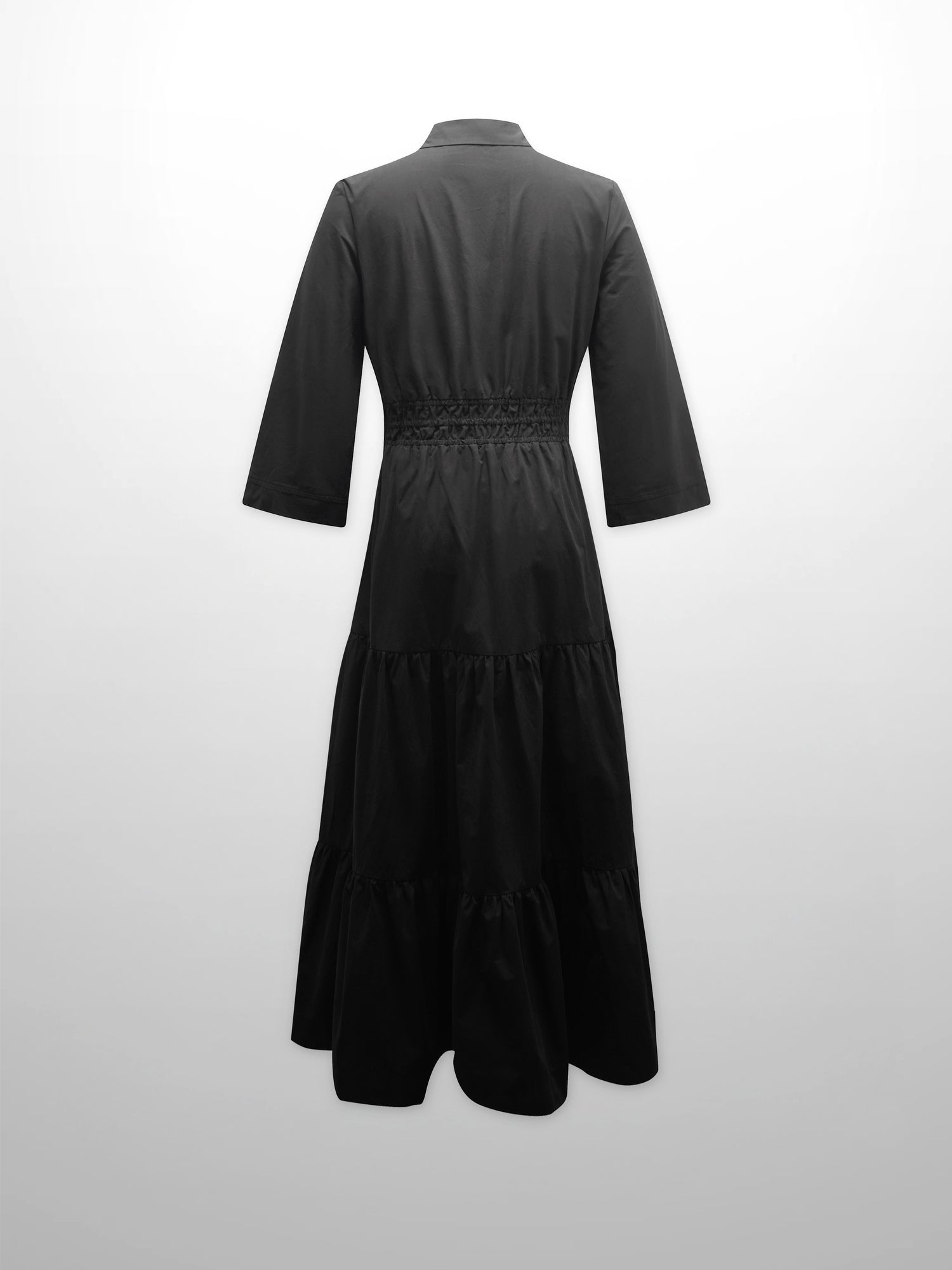 Elastic Waist Tiered Shirtdress-Black