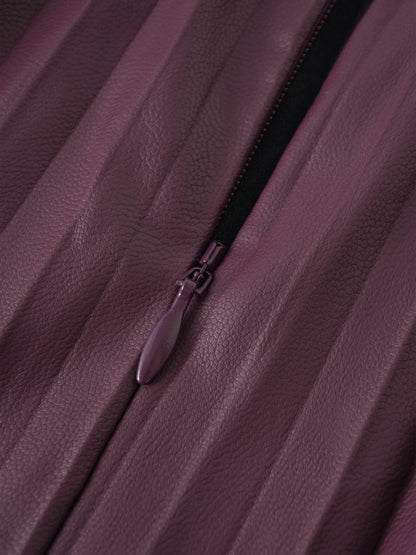 Accordion Pleated Faux Leather Skirt-Eggplant