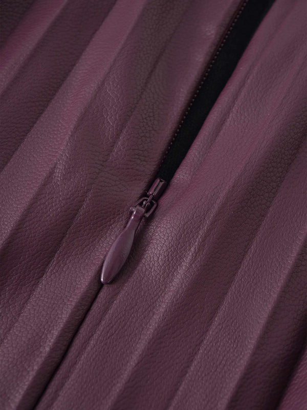 Accordion Pleated Faux Leather Skirt-Eggplant