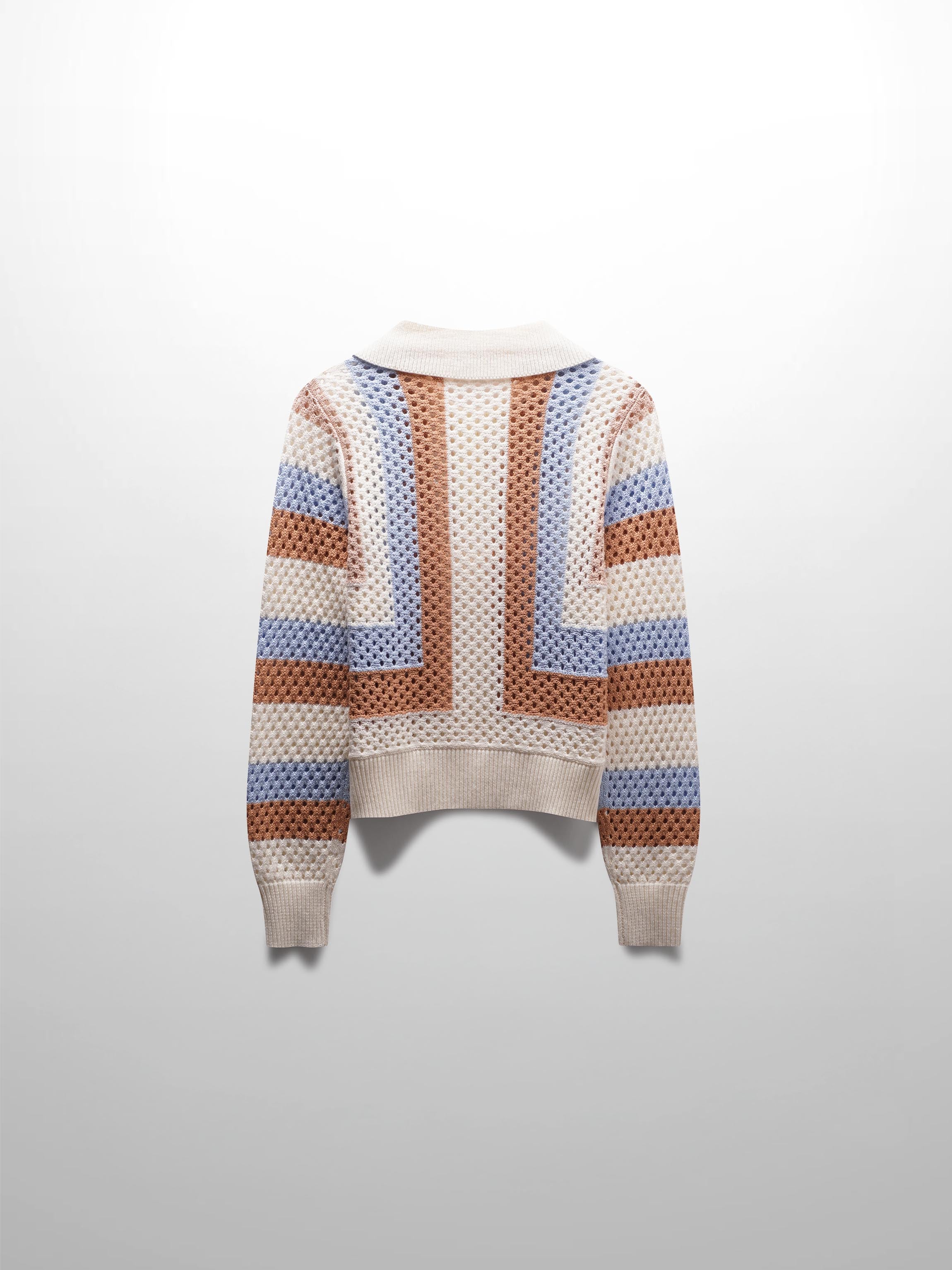 Mesh Striped Polo Sweater-Tan/Blue