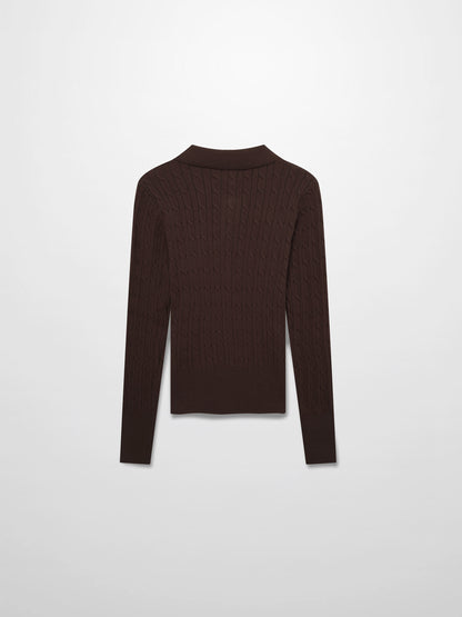 Leather Pull Half Zip Cable Polo-Brown
