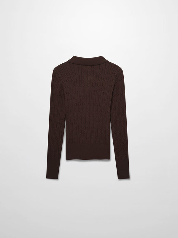 Leather Pull Half Zip Cable Polo-Brown