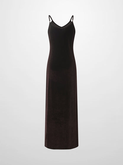 V-Neck Velour Slip Dress-Brown