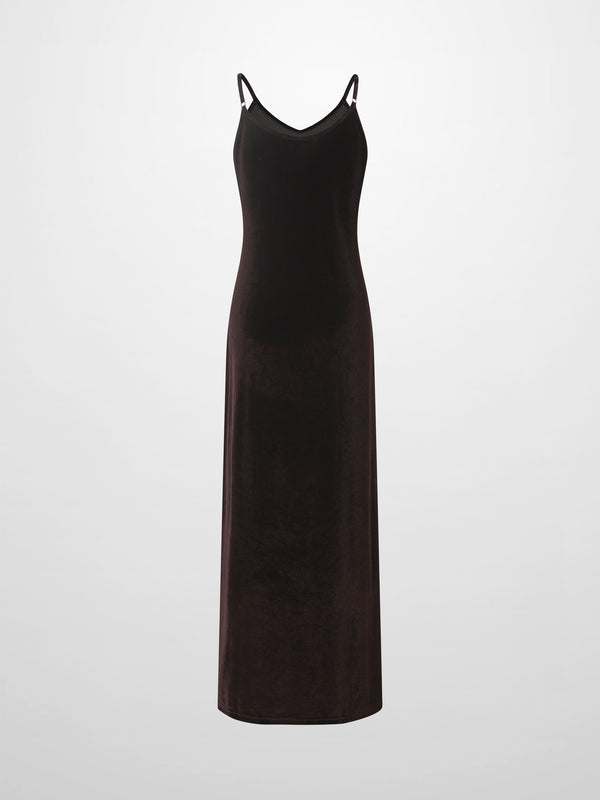 V-Neck Velour Slip Dress-Brown