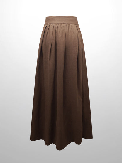 Gathered Waist Linen Skirt-Brown