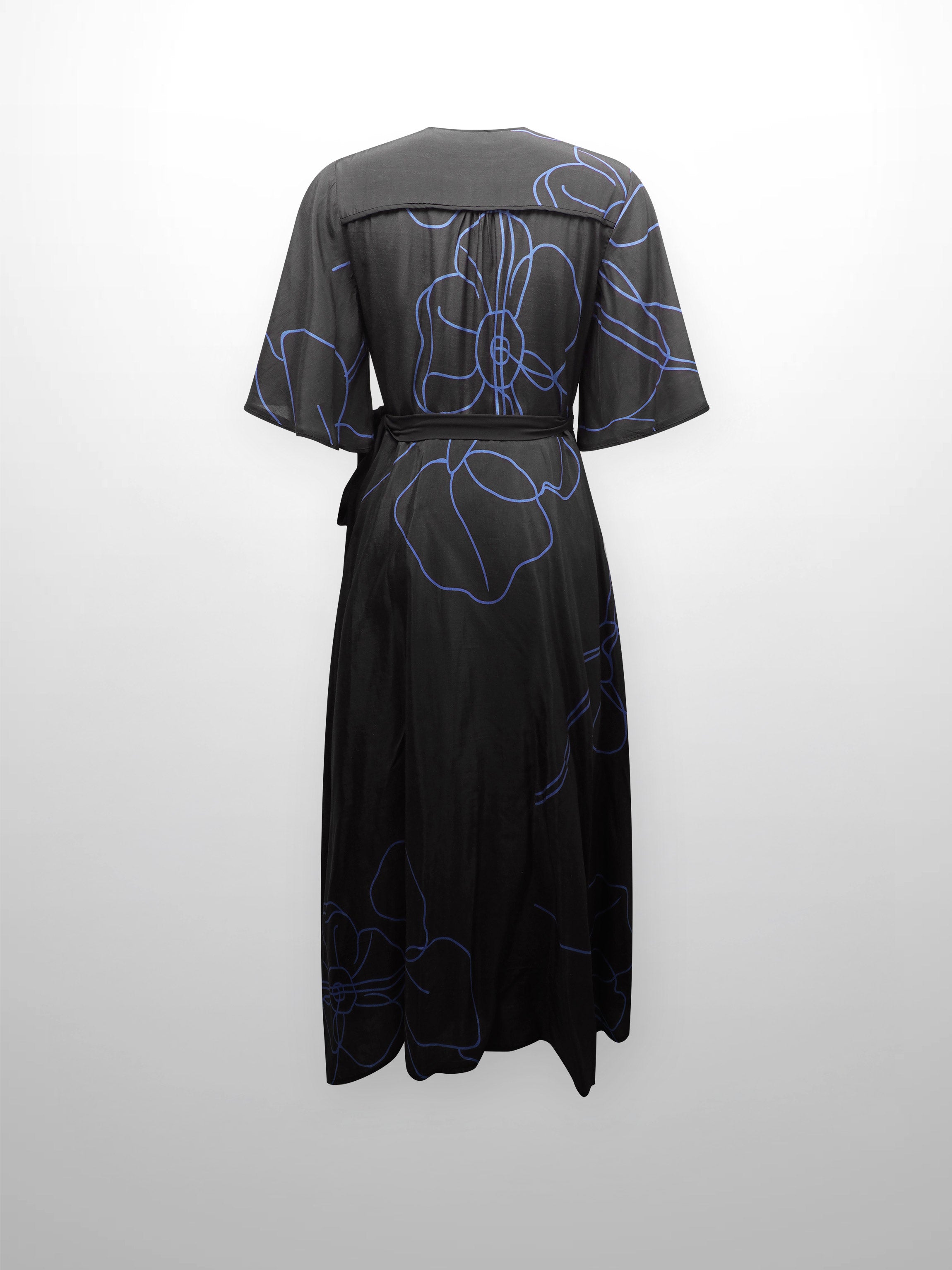 Flutter Sleeve Wrap Dress-Black Swirl