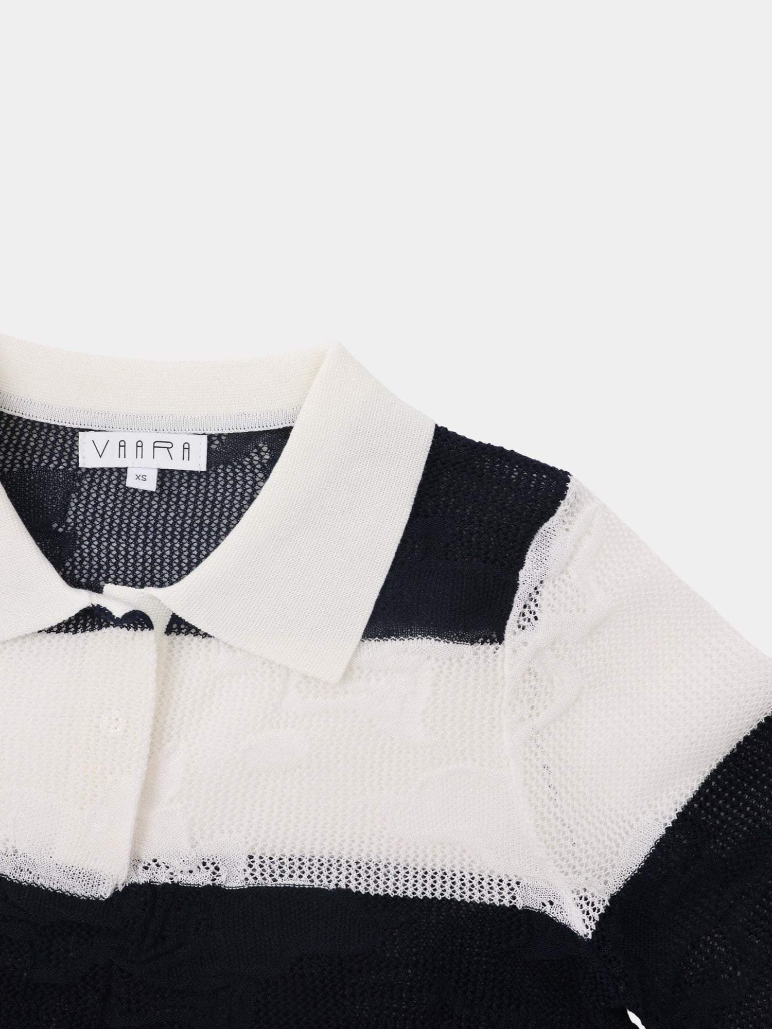 Mesh Floral Polo Top-Black/White Stripe