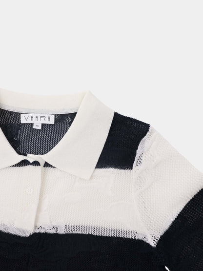 Mesh Floral Polo Top-Black/White Stripe