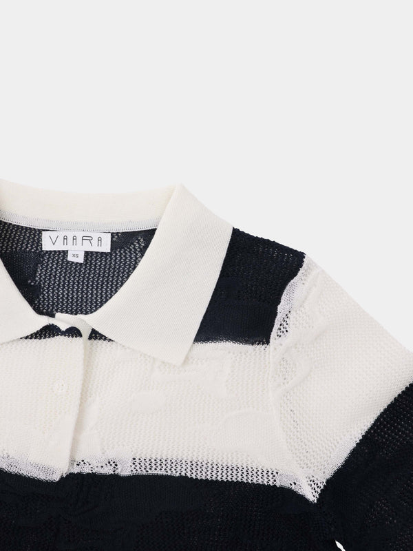 Mesh Floral Polo Top-Black/White Stripe