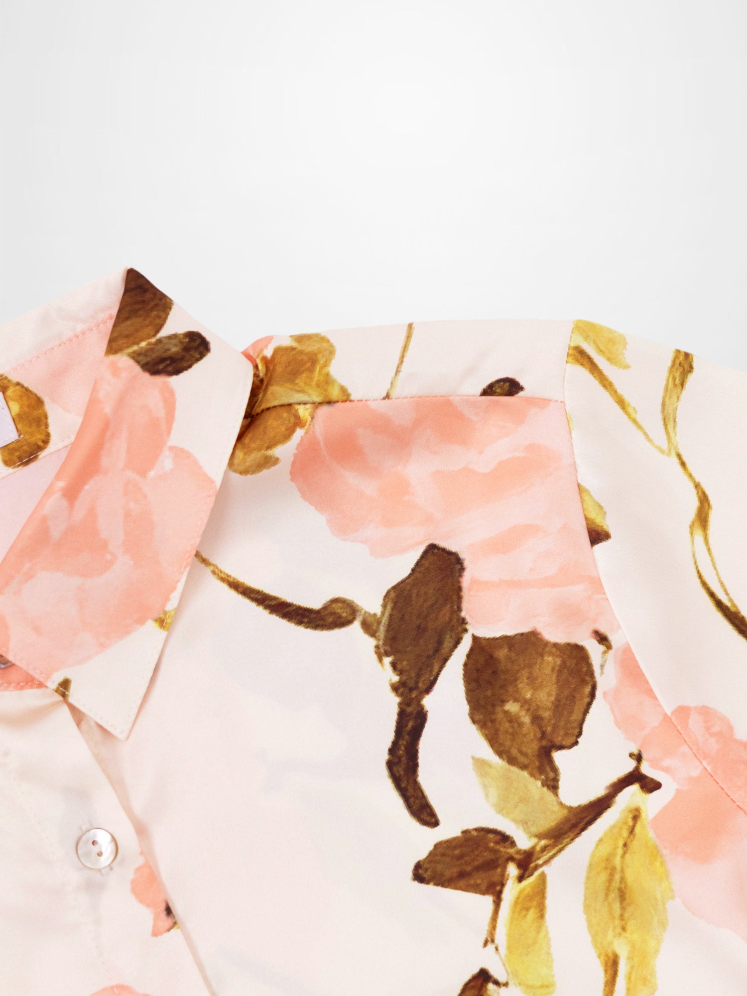 Button Down Faux Satin Blouse-Peach Floral