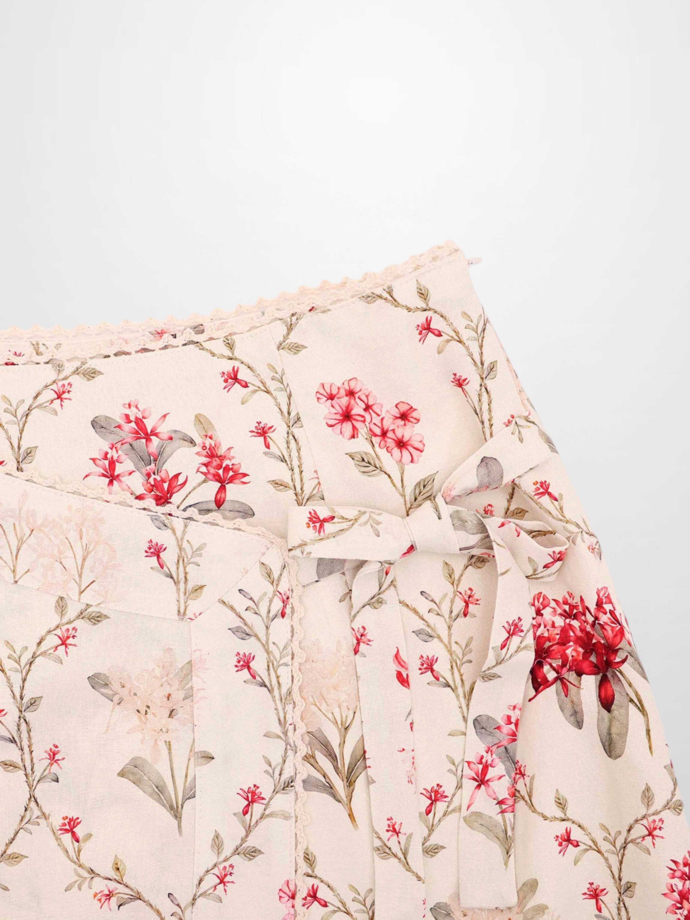 Mock Wrap Edged Detail Skirt-Floral Vines