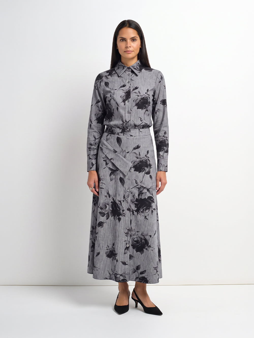 Side Button A-Line Skirt - Grey/Black Floral
