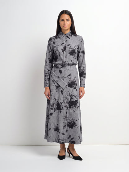 Side Button A-Line Skirt - Grey/Black Floral