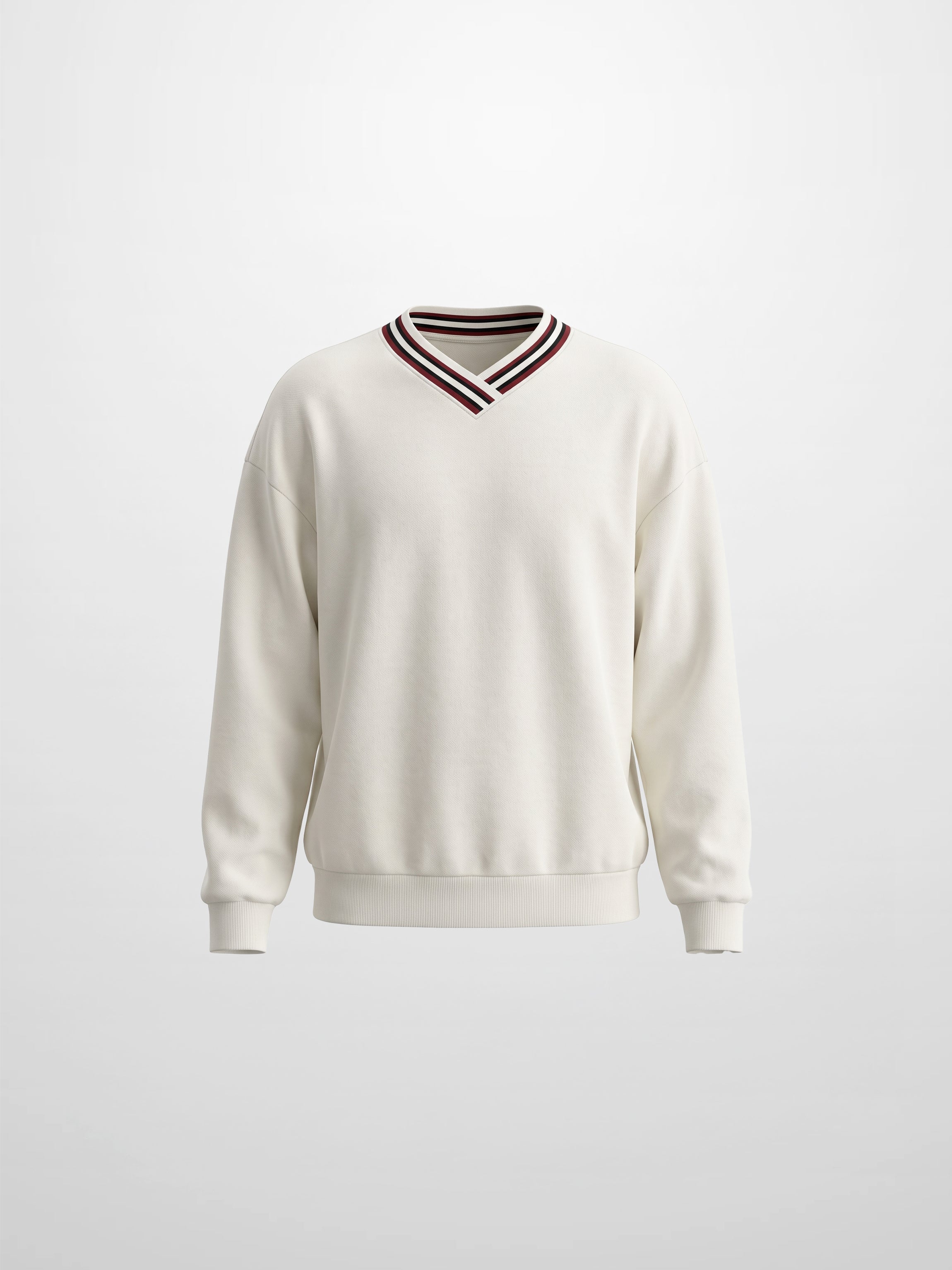 Ribbed Neck High V Sweatshirt - White/Burgundy
