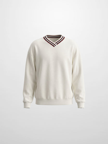 Ribbed Neck High V Sweatshirt - White/Burgundy