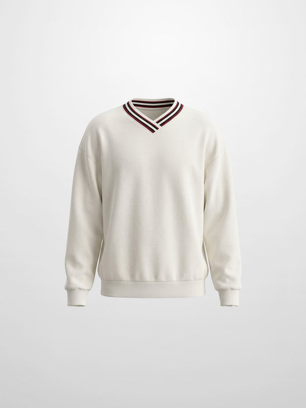 Ribbed Neck High V Sweatshirt - White/Burgundy