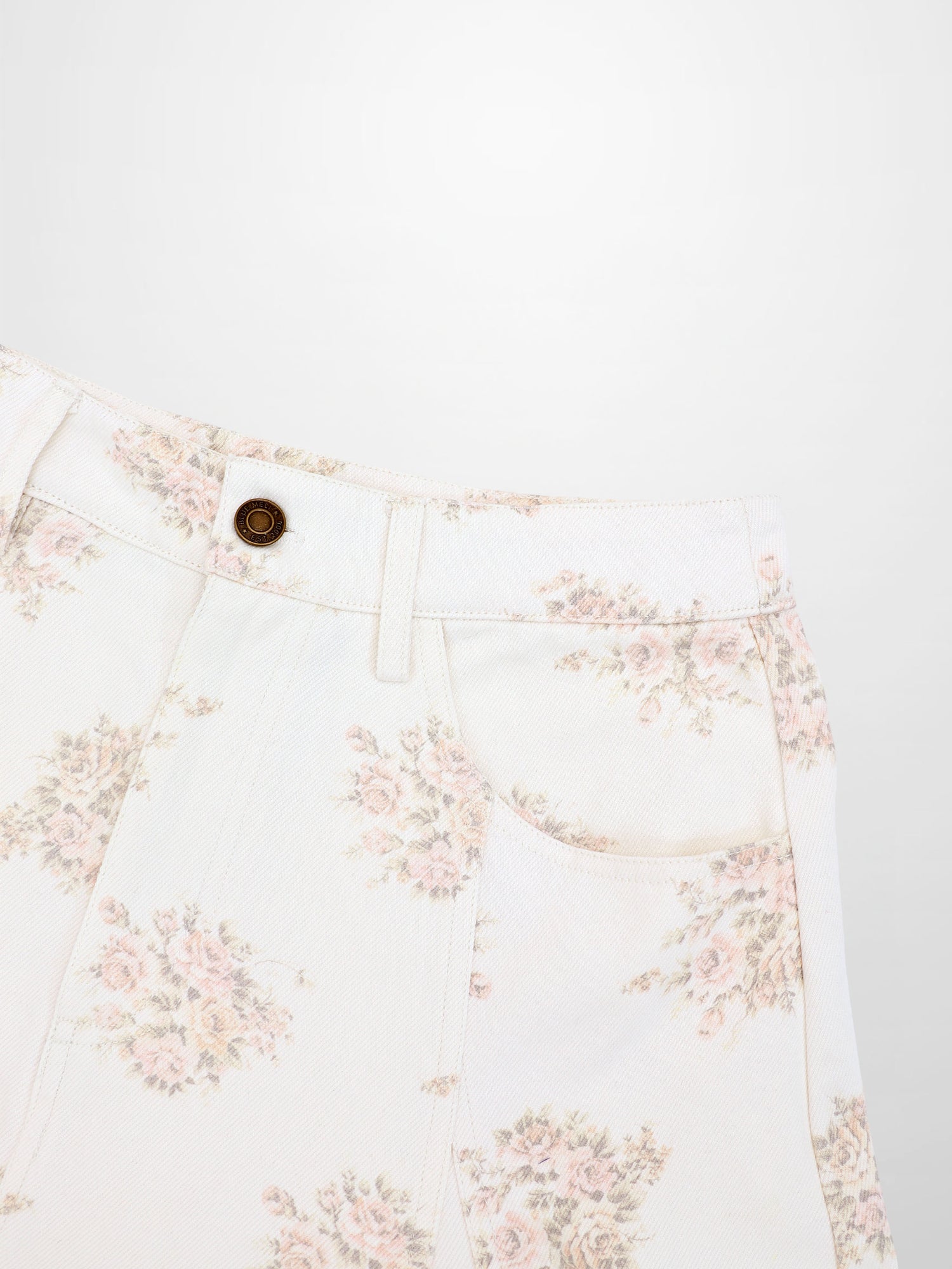 Floral Print Seamed Denim Skirt-White and Pink Floral
